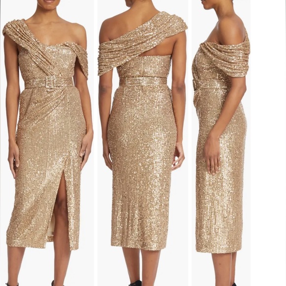 badgley mischka one shoulder sequin dress Draped Sequin One Shoulder Dress